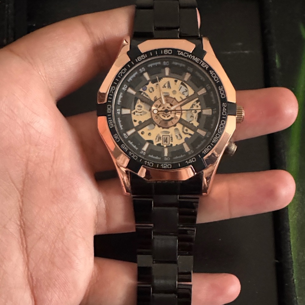 Men's Black and Gold Skeleton Watch
